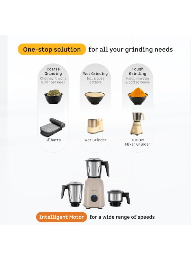 Atomberg Xiana 750 Watt Mixer Grinder | 3 Multipurpose Stainless Steel Jars | Coarse Mode for Silbatta-like Textures | Powerful Intelligent Motor | Easy Fault LED Indication | Seasand Ivory - Image 4